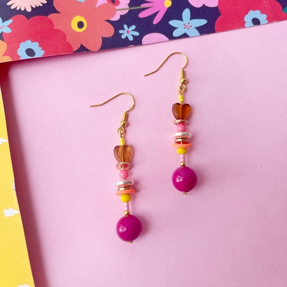 Handmade heart mix bead earrings | Gold Plated Sterling Silver hook - Picture 1 of 6
